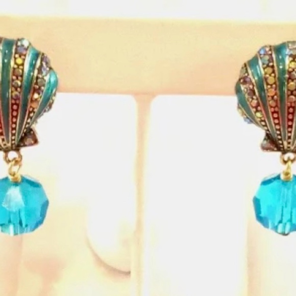 NWOT Heidi Daus Elegant Crystal and Enamel Blue Shell Omega Back Earrings - Picture 8 of 8